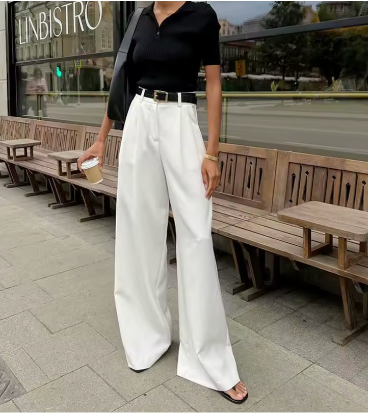 Weit geschnittene weiße High-Waist-Hose für Damen